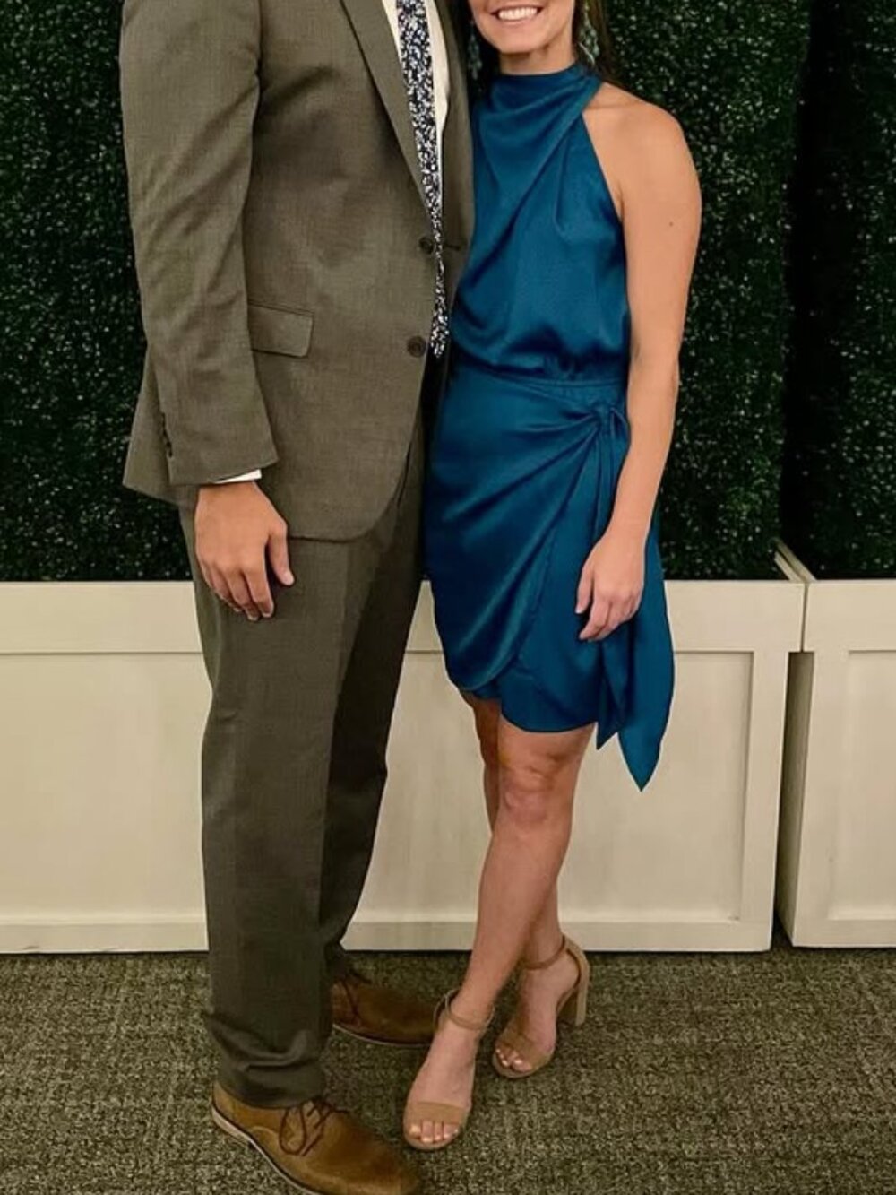 Asymmetrical Wrapped Satin Cocktail Dress - Teal/Navy - Size S - PrettyGarden